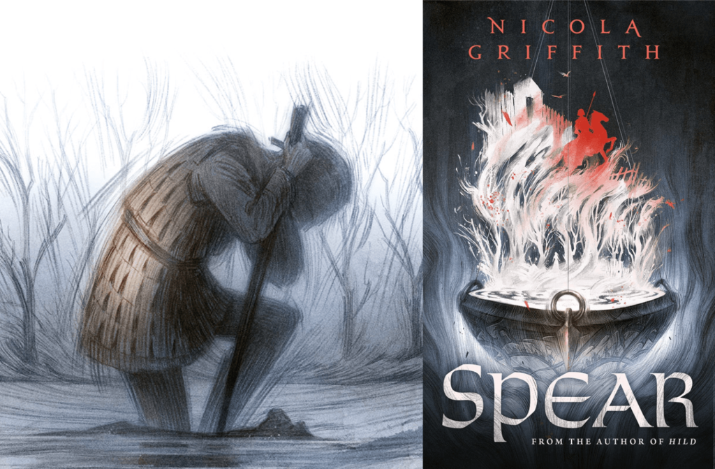 an image for the review: spear by nicola griffith. on the left is an illustration of a person holding a sword and kneeling. on the left is the cover of the book spear
