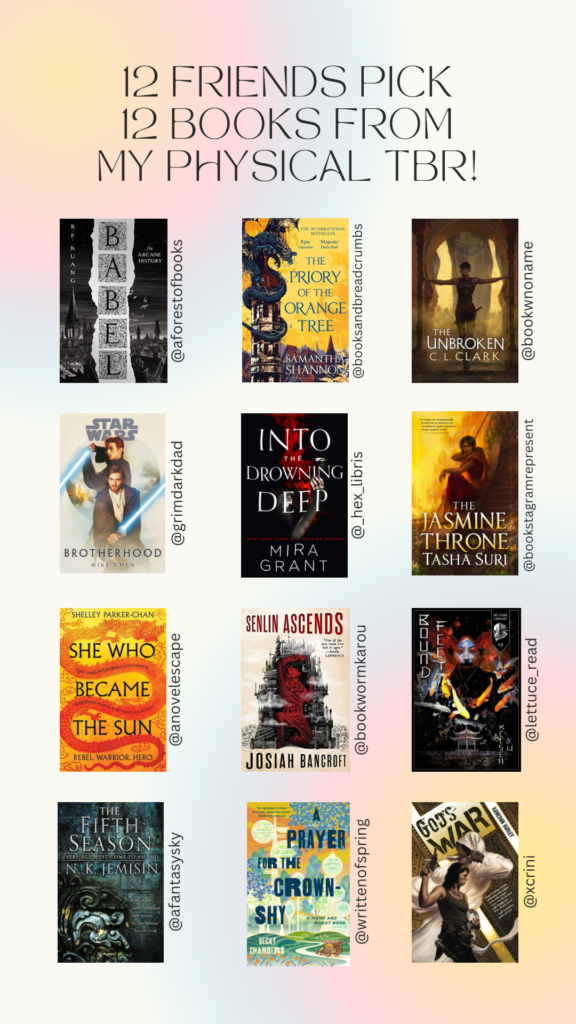 graphic displaying 12 Book Recommendations From 12 Friends. it is 12 book covers in a 3 across by 4 down grid