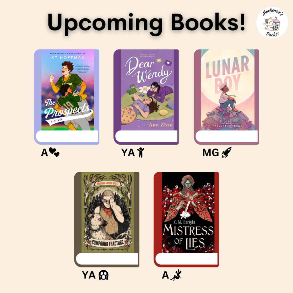 A graphic with text at the top: “Upcoming Books!”. Underneath are five books which are: The Prospects, Dear Wendy, Lunar Boy, Compound Fracture, and Mistress of Lies.