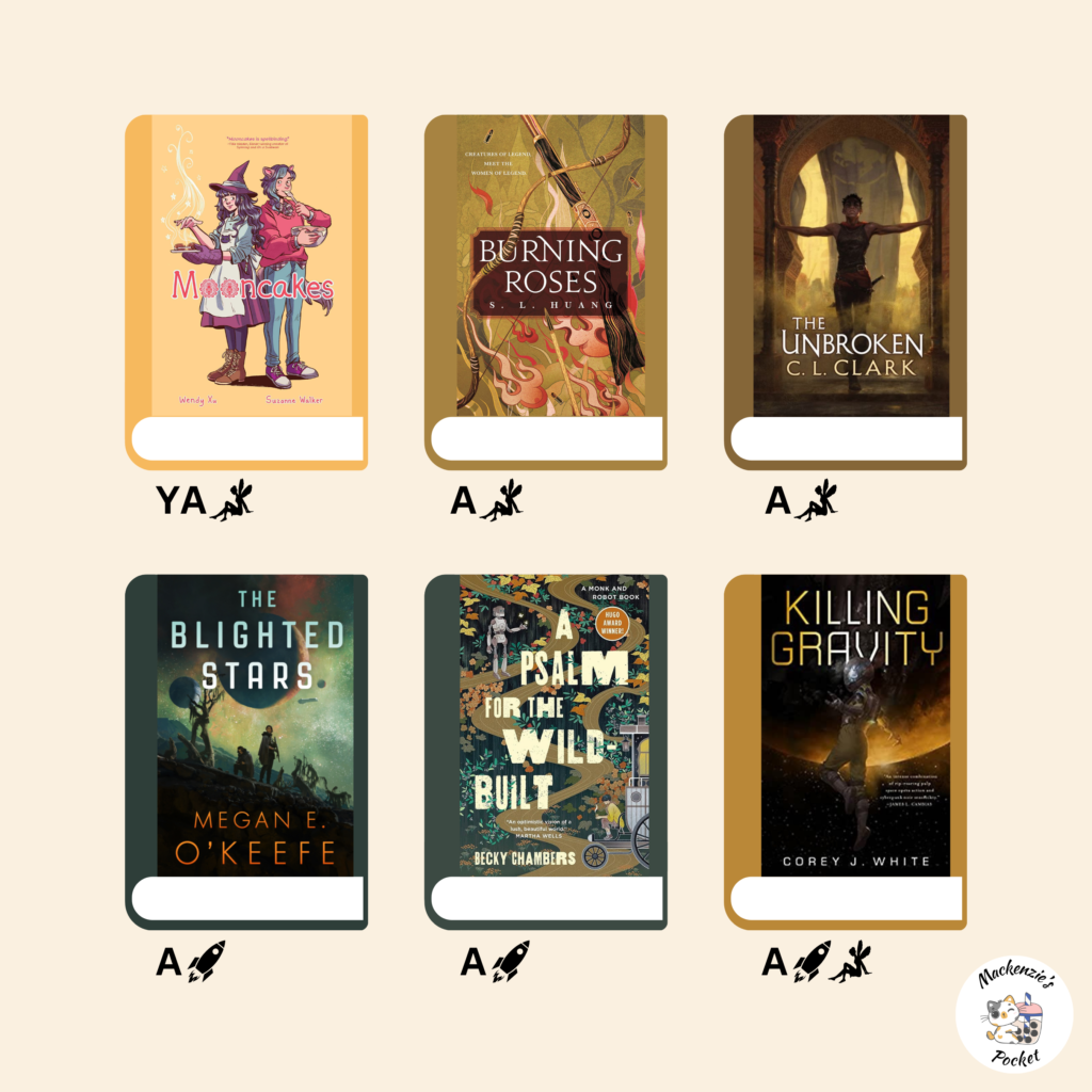 A graphic showing six books which are: Mooncakes, Burning Roses, The Unbroken, The Blighted Stars, A Psalm for the Wild-Built, and Killing Gravity.