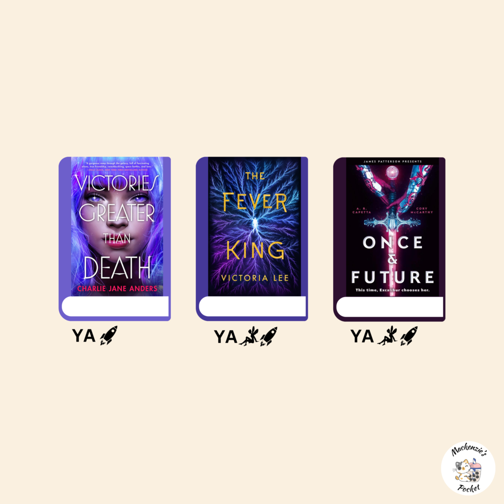 A graphic showing three books which are: Victories Greater than Death, The Fever King, and Once & Future.
